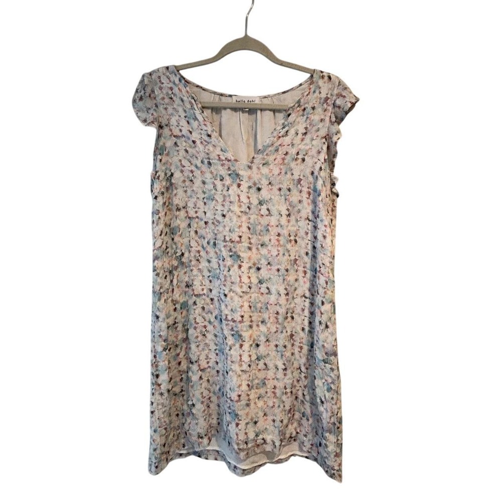 Bella Dahl Multicolor Abstract Print Ruffle Sleeve V-Neck Shift Mini Dress XS